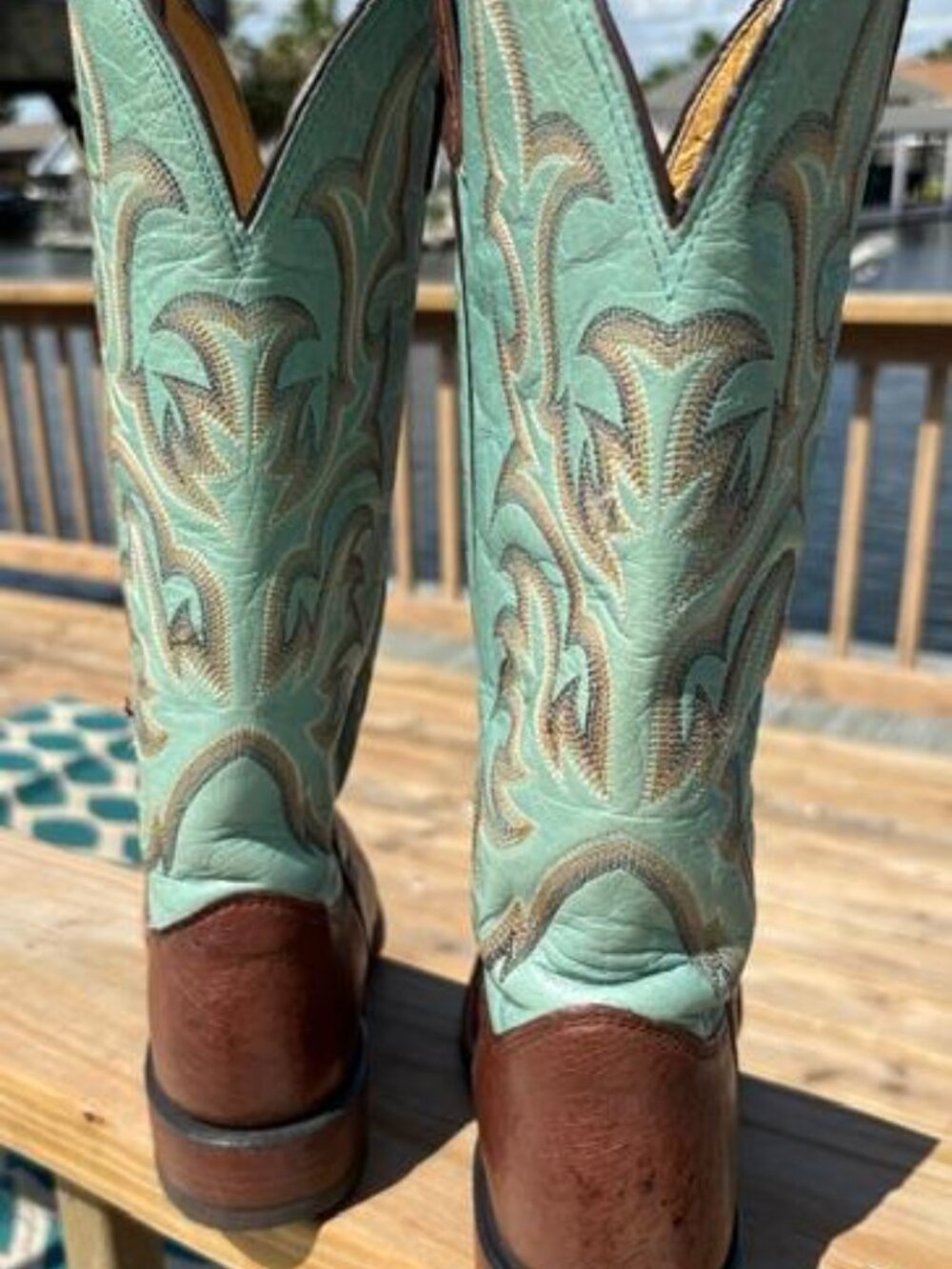 Justin Remuda L5527 Women Turquoise Brown Smooth Ostrich Western Boots 8B - Picture 2 of 11